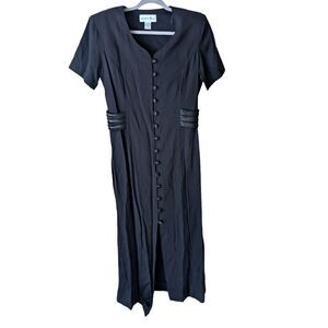 Vintage 90s Sophia Rose Black Satin Button-Up Sweetheart Cut Dress Size 14
